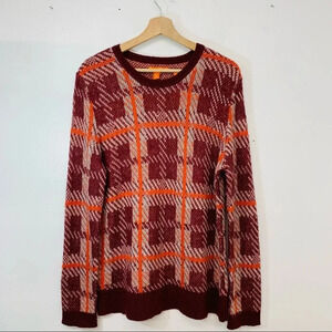 Joe Fresh Sweater Woman Large Crew Neck Maroon Plaid‎ Wool Mohair Nylon Soft NEW
